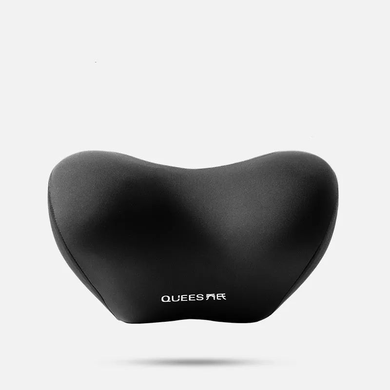 Black and grey memory foam car lumbar support pillow and matching headrest cushion on a car seat.