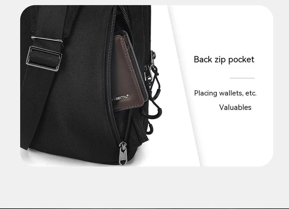 Casual black TPU chest bag with square vertical shape, single shoulder strap, and landscape pattern design
