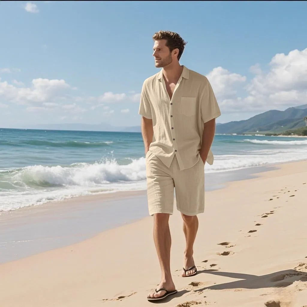 Men's linen blend short sleeve shirt and matching shorts leisure set laid flat.