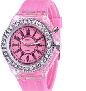 Women's LED luminous quartz watch with round 43mm dial and silicone strap in various colours