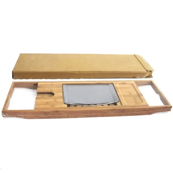 A bamboo bathtub frame with a single shelf for bathroom countertop storage.