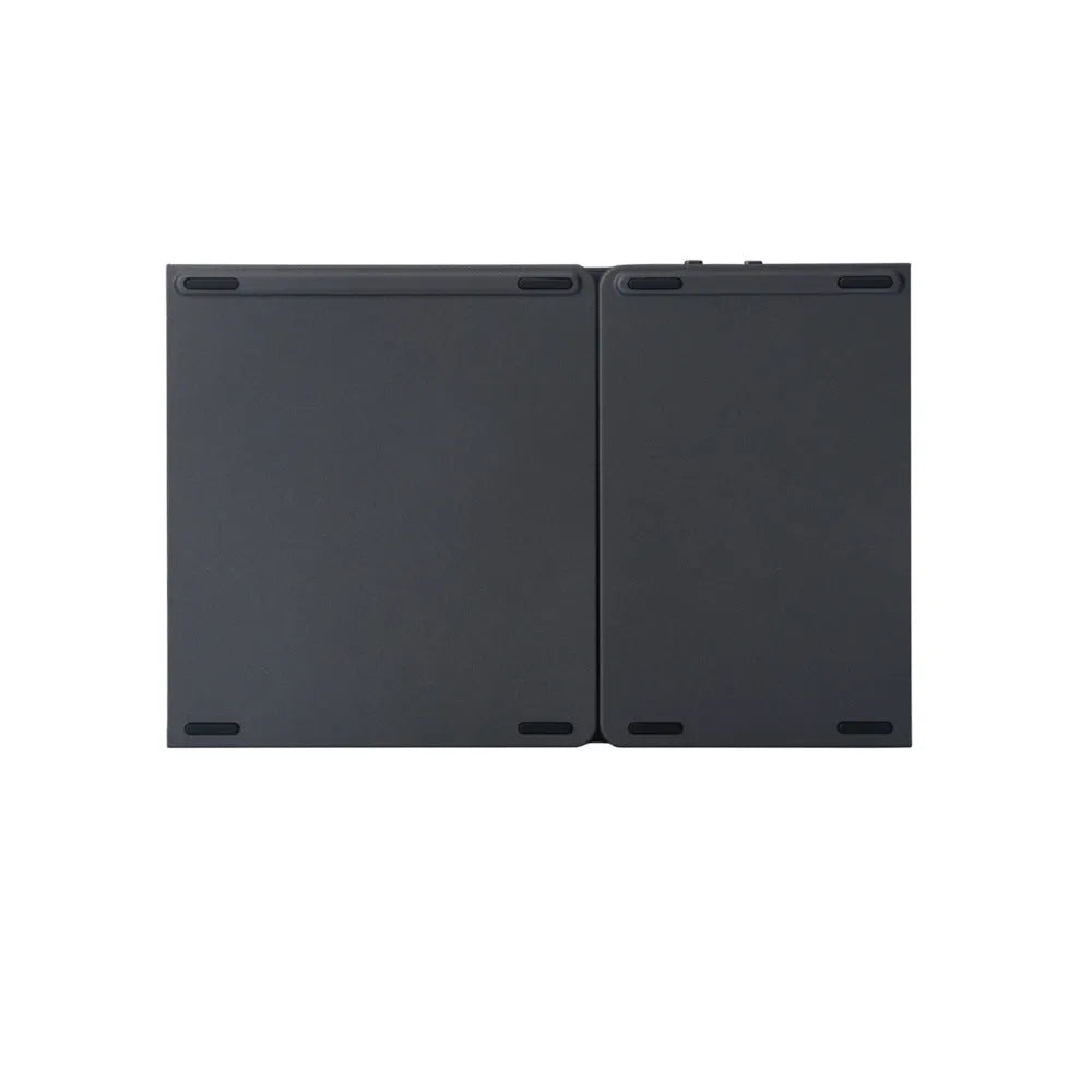 Black tri-fold folding Bluetooth keyboard with touchpad, shown both folded and unfolded next to a mobile phone.