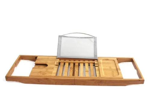 A bamboo bathtub frame with a single shelf for bathroom countertop storage.