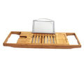 A bamboo bathtub frame with a single shelf for bathroom countertop storage.
