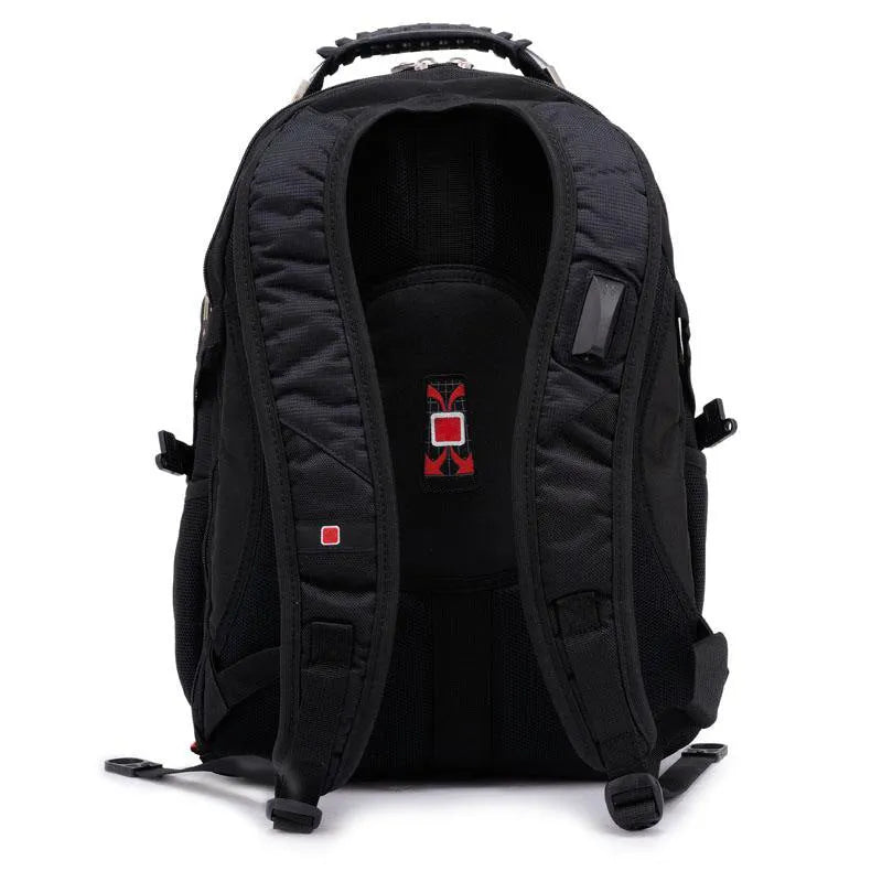 Black business computer backpack showing multiple compartments and organisational pockets for laptop carry.