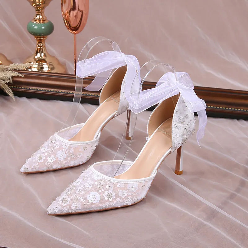Women's French style sequin hollowed sandals with satin upper and pointed toe, white colour