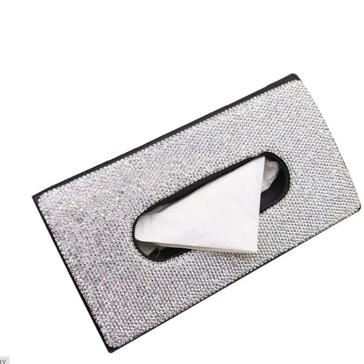 Crystal PU leather hanging sun visor car tissue box with rhinestones, metal clip, and Velcro closure in beige colour