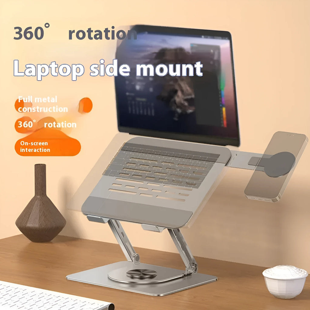 Silver carbon steel laptop stand with rotating base and side-mounted magnetic phone holder