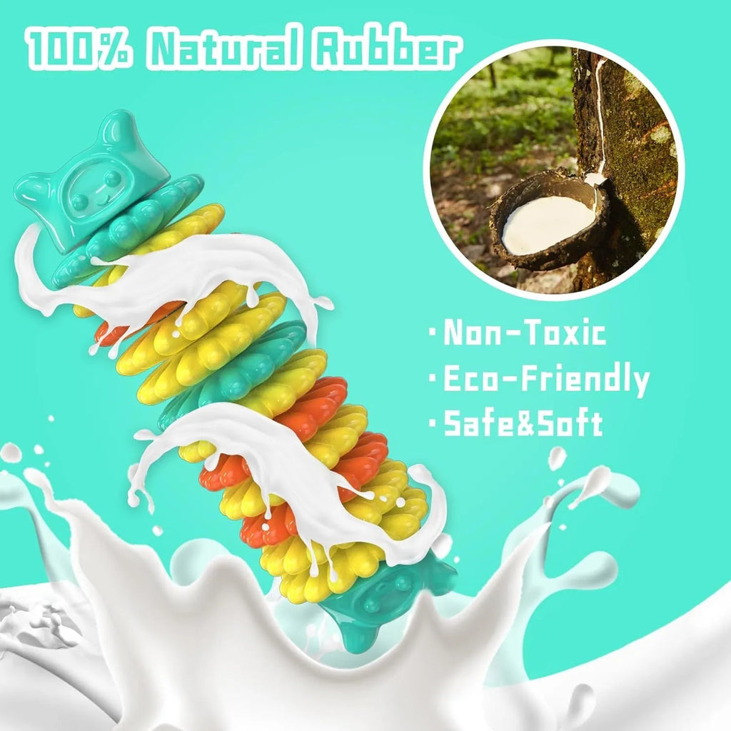 Blue caterpillar-shaped natural rubber dog chew toy for aggressive chewers