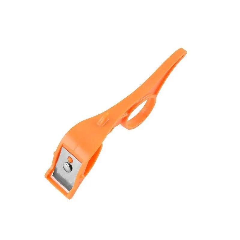 Multifunctional fruit peeler with finger ring and stainless steel blade in pink, blue, and orange colours