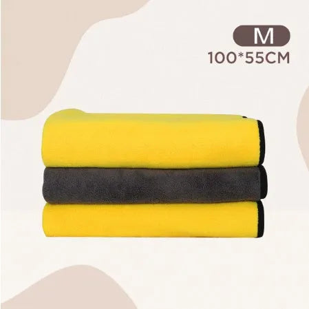 Dog absorbent bath towel in three sizes made from grey microfiber material