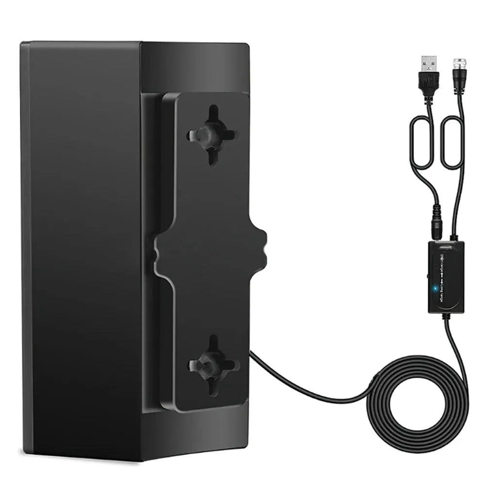 Black indoor digital television antenna with mounting accessories including expansion tubes and screws
