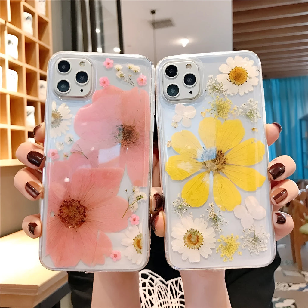 Pink floral pattern TPU back cover case for iPhone on a white background.