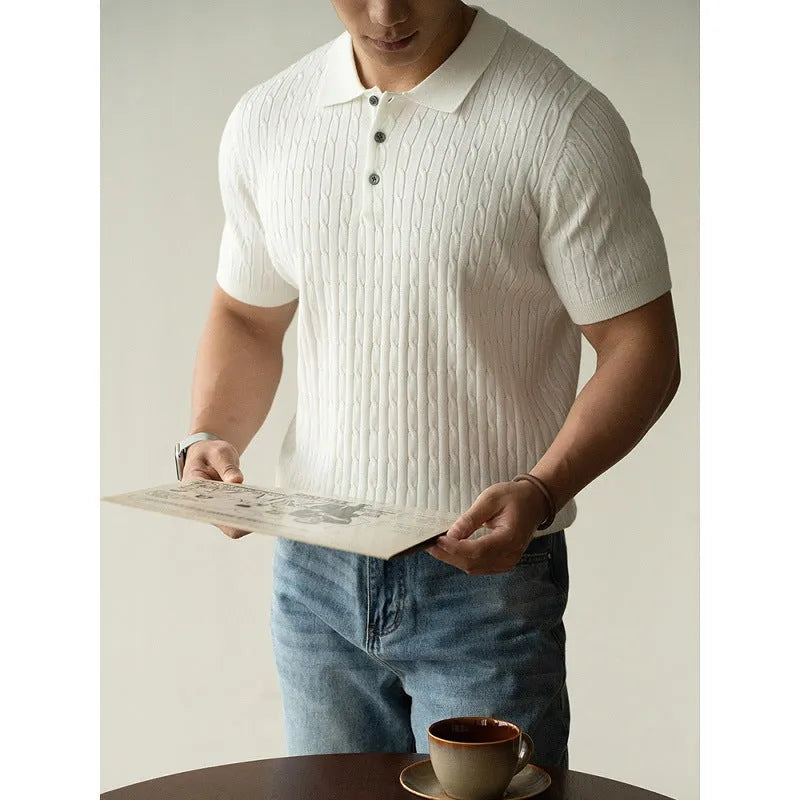 Men's khaki short-sleeve business top on a hanger, showing button placket and tailored fit.