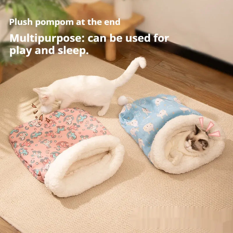Flannel cat sleeping bag nest in pink Trojan, blue rabbit, or striped pattern, measuring 50cm by 40cm