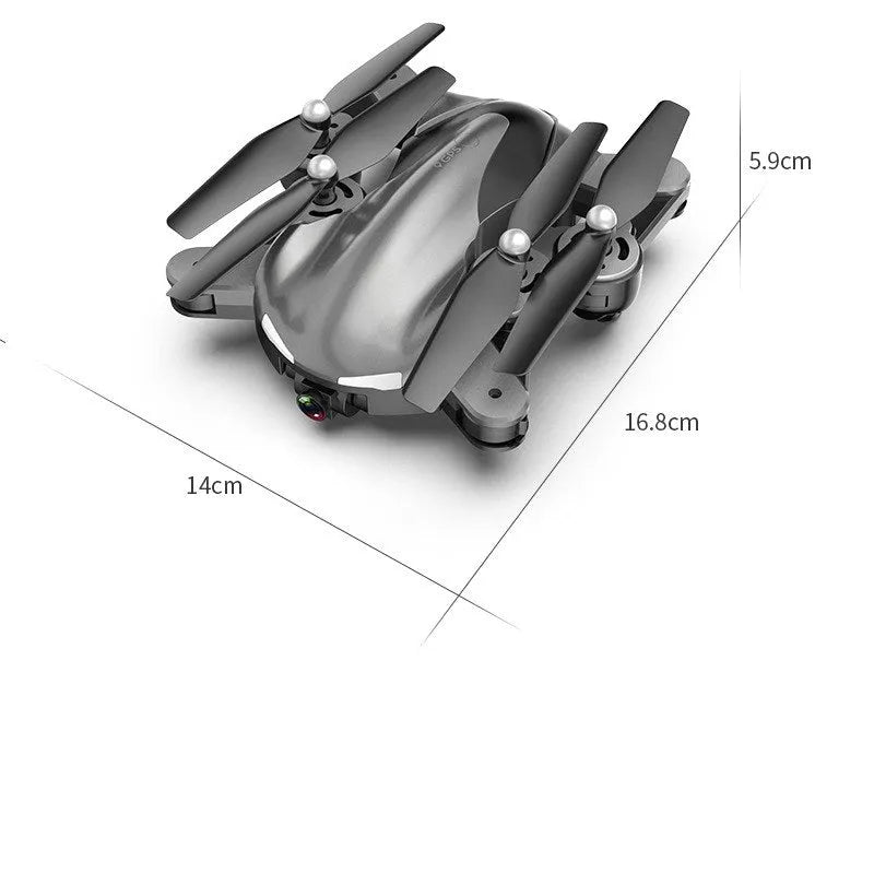 Black and gray four axis drone with 1080P camera, 33.2 cm width, on a plain background