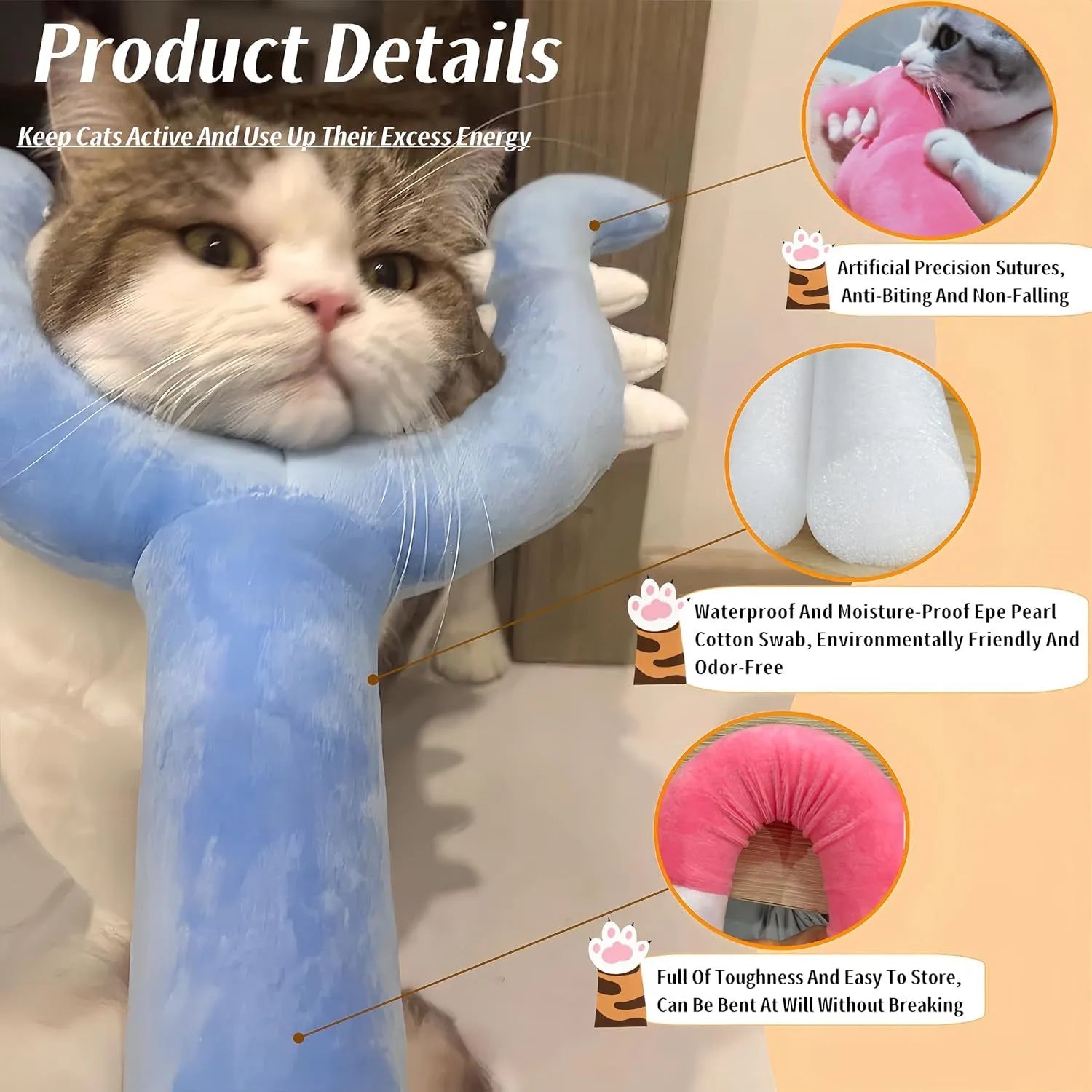 Blue and pink plush cat wand toy with 70cm length for interactive indoor play