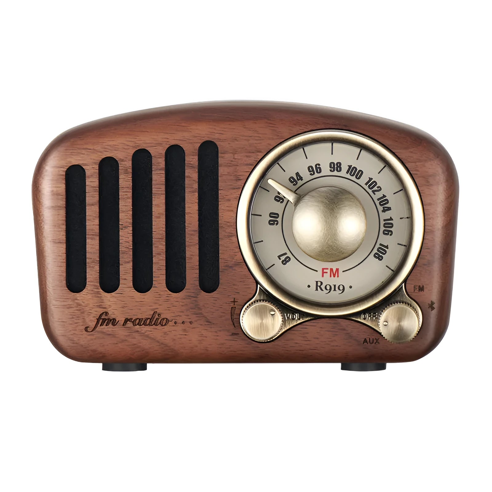 Retro wooden wireless mini speaker in cherry wood finish showing compact dimensions
