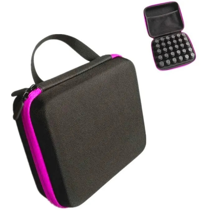 Red EVA essential oil storage bag with 30 compartments for 15ml bottles, shown hanging on a wall.