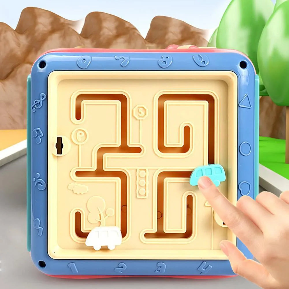 Baby Montessori hexahedron educational toy showing six sides with different learning activities