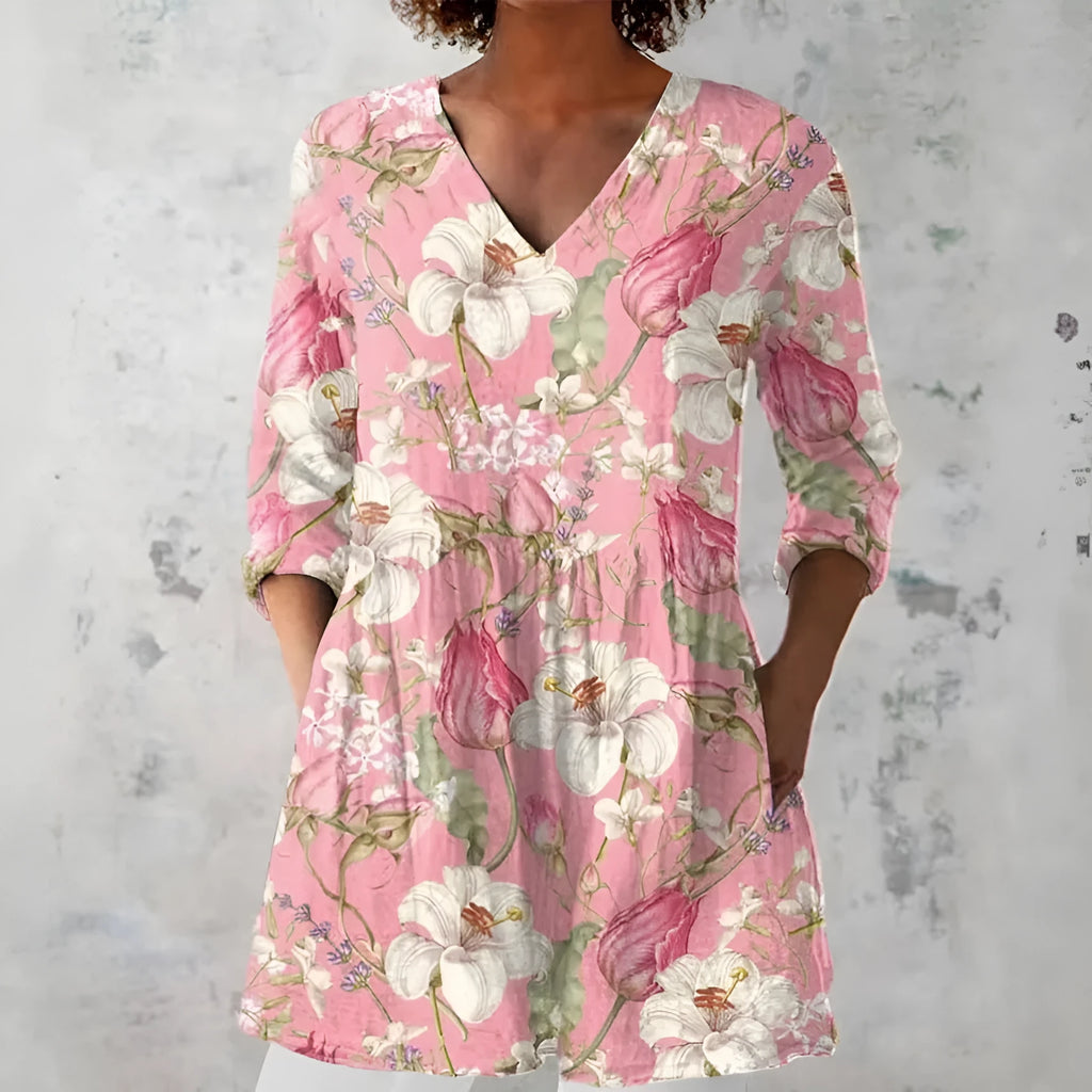 Women's long-sleeved polyester top in retro slim fit with digital print design.
