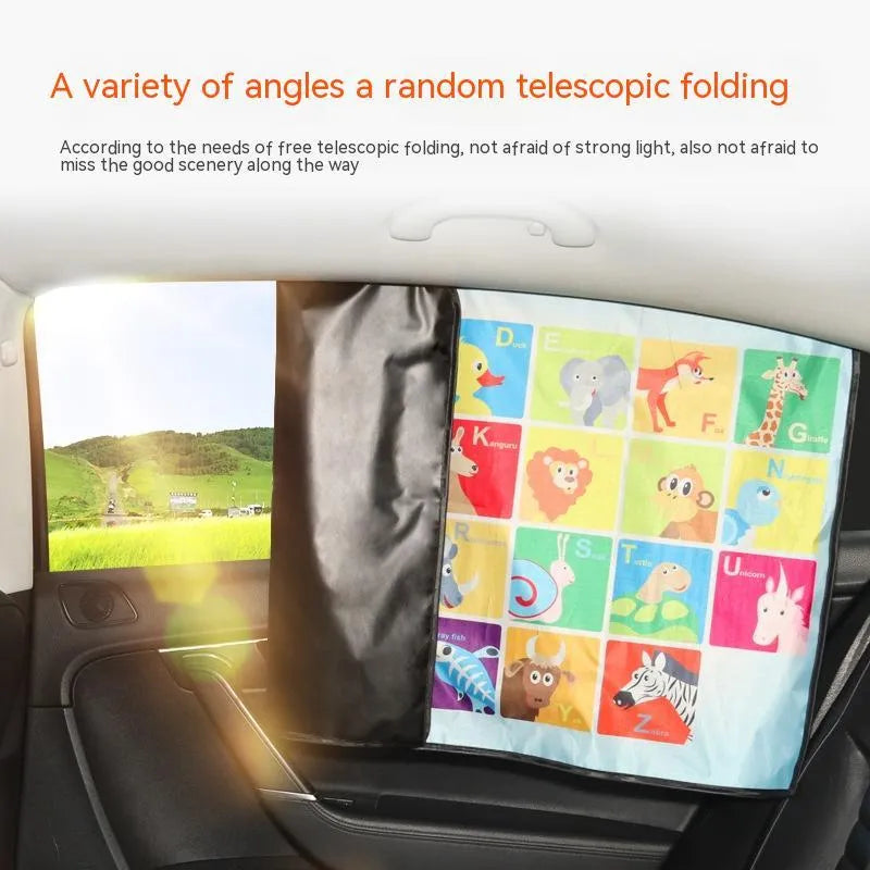 Retractable magnetic car sunshade with silver coating and cartoon animal letter patterns