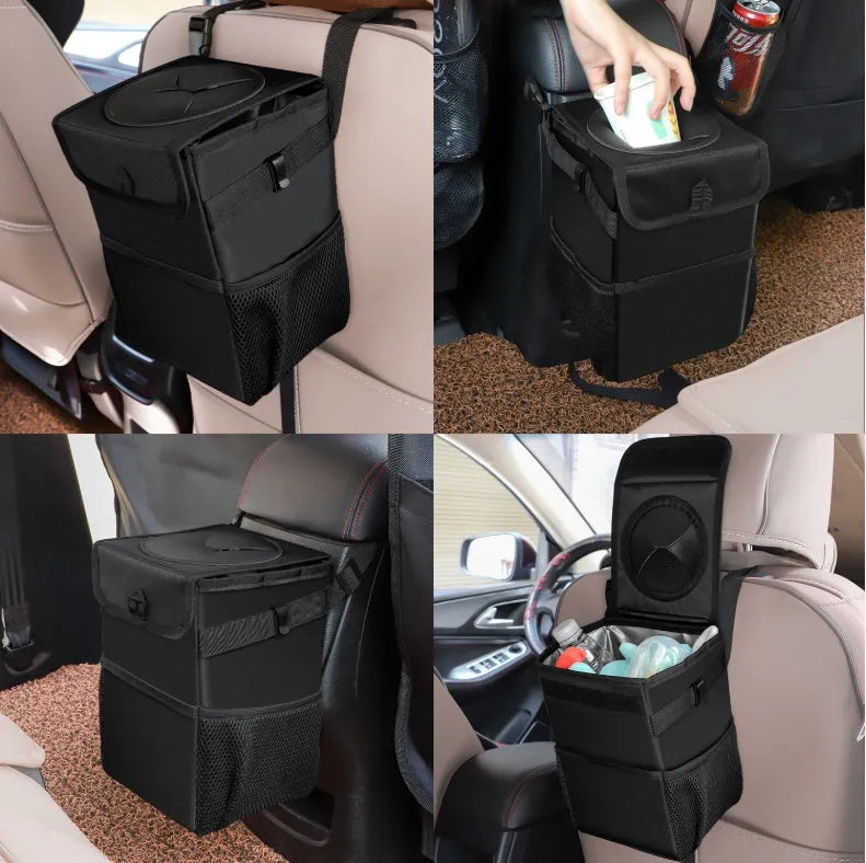 Black Oxford cloth car trash can with hanging strap, mesh pockets, and Velcro lid