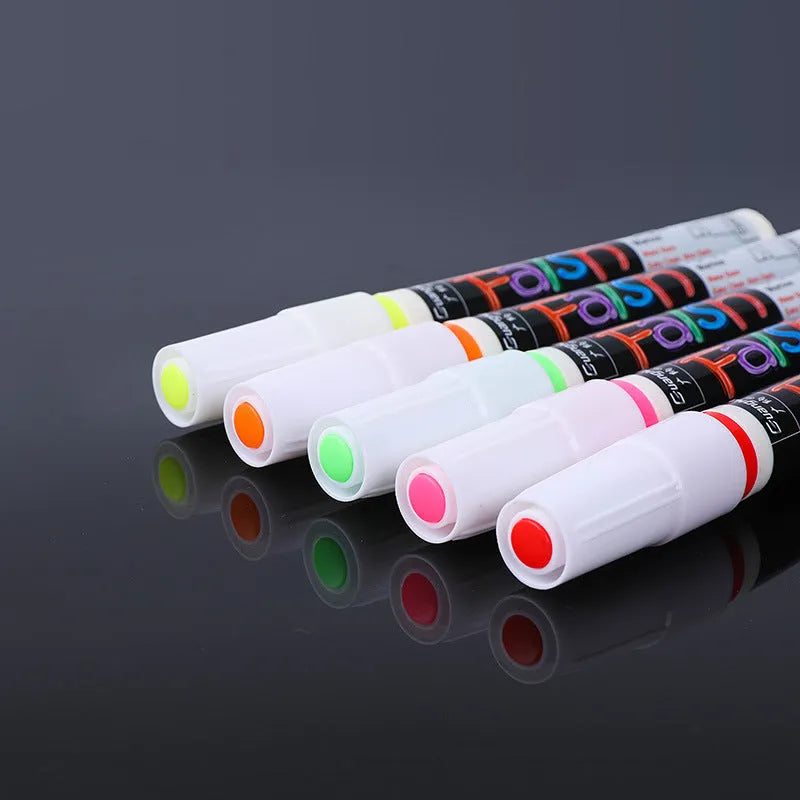 Refillable electronic fluorescent board highlighter pen with oblique 6mm tip, shown with 8 colour cartridges.