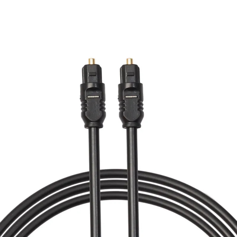 Black Toslink optical audio cable with square connectors showing 2 metre length