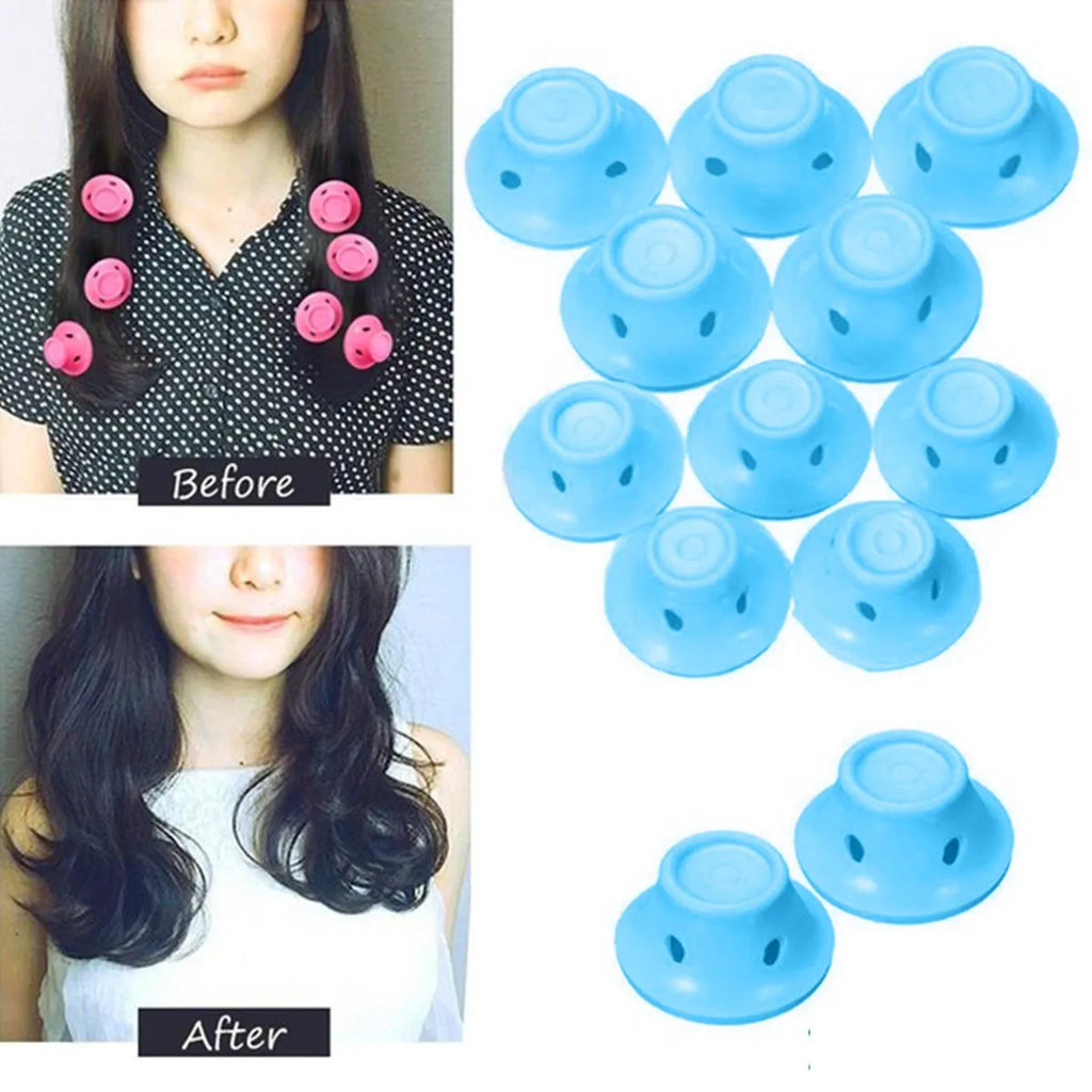 Set of ten soft silicone hair rollers in pink, blue, purple, and black, large 5cm and small 3.9cm diameter