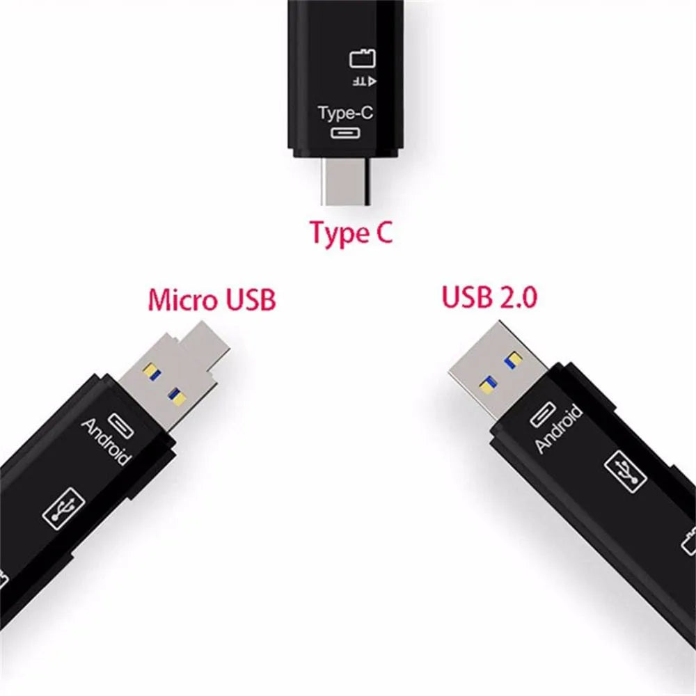 Black USB-C to Micro USB OTG hub adapter with TF card reader slot