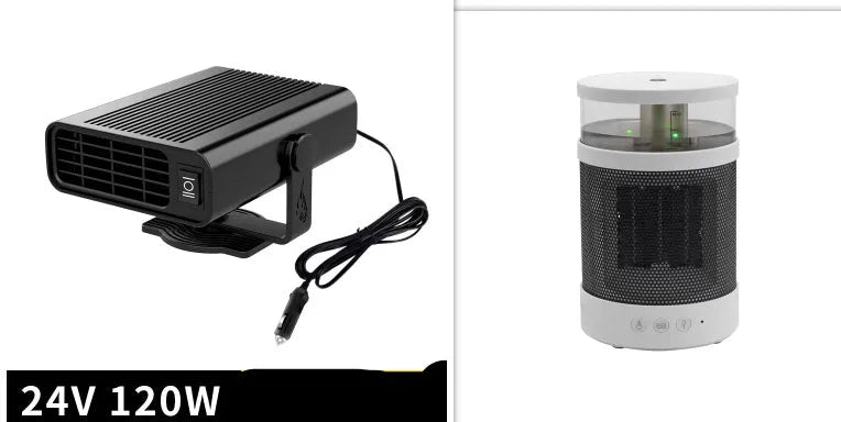 Universal 12V 24V car defrost heater in black ABS with 360-degree rotating holder and handle