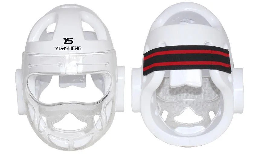 Karate helmet protective equipment for boxing training in white, blue, and red colours with multiple size options
