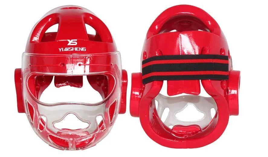 Karate helmet protective equipment for boxing training in white, blue, and red colours with multiple size options