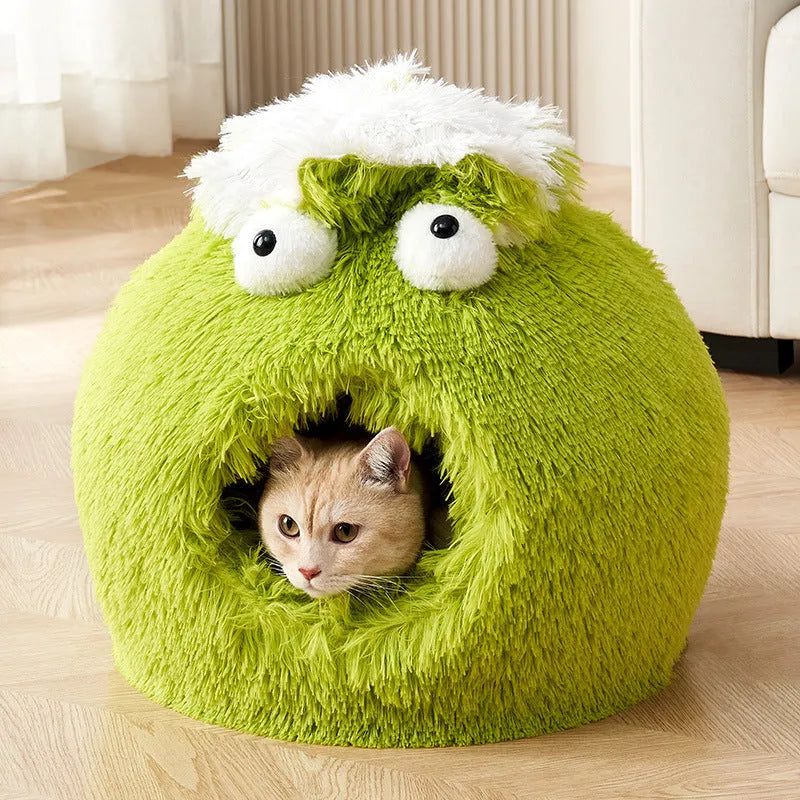 Warm winter cat nest closed sleeping house in soft plush material, available in blue, green, pink, purple, white