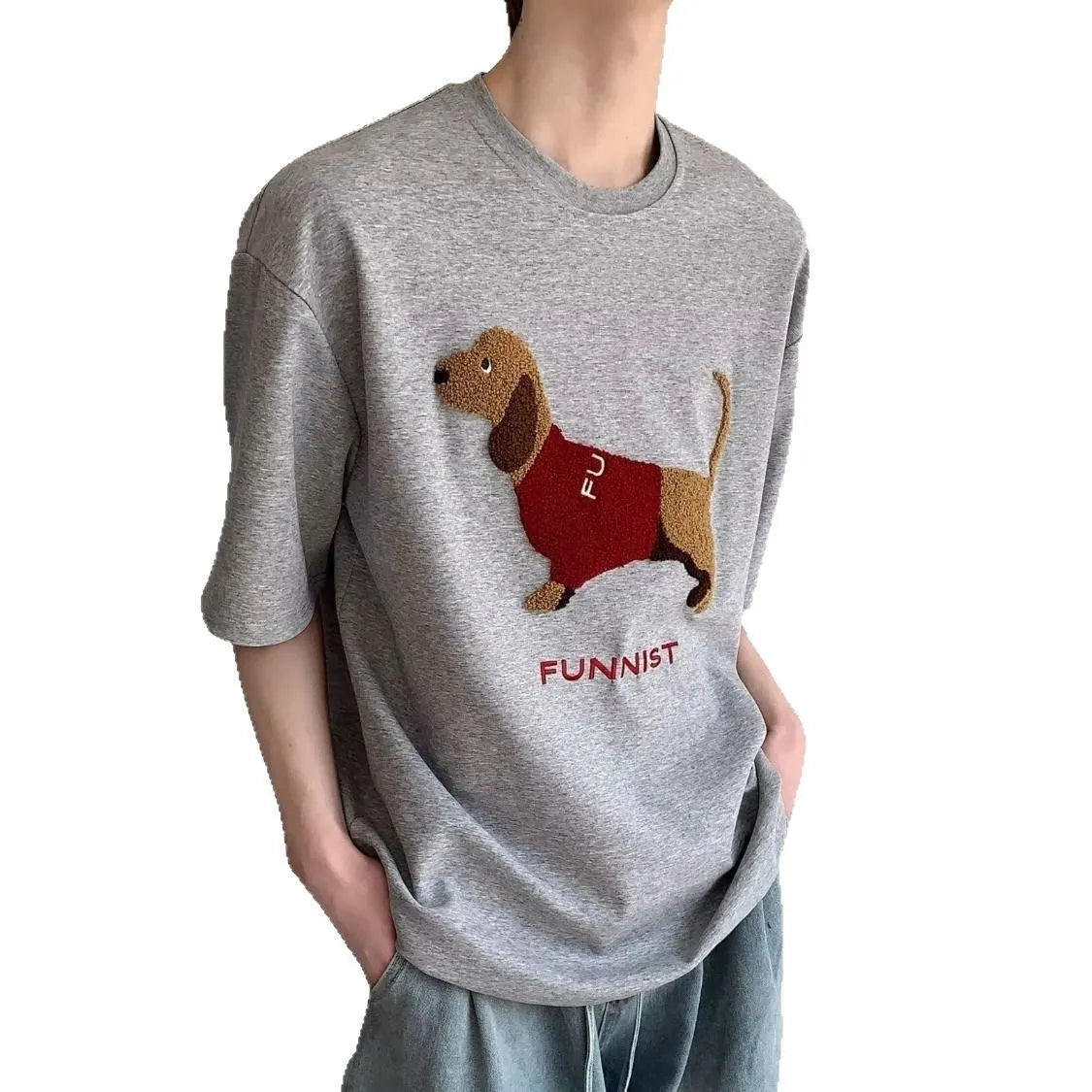 Men's grey short sleeve cotton T-shirt with an embroidered sausage dog towel design on the front.