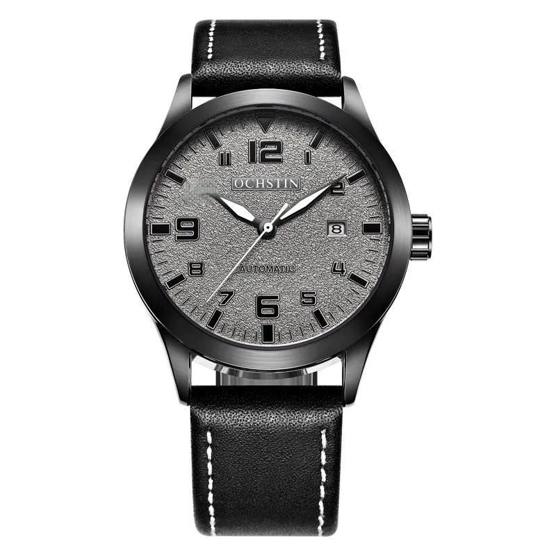 Men's retro automatic watch with leather strap in black and silver colour options