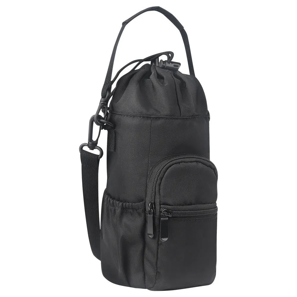 Cloth crossbody water bottle shoulder pouch in black, green, or pink colour.