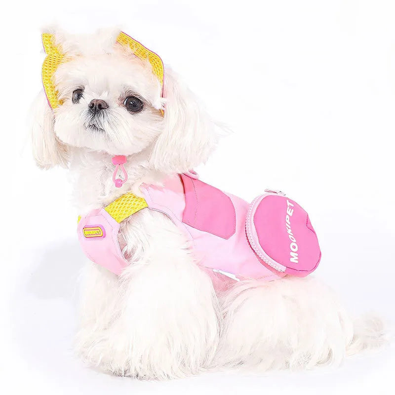 Pink polyester pet vest for small breed dogs on mannequin showing casual design