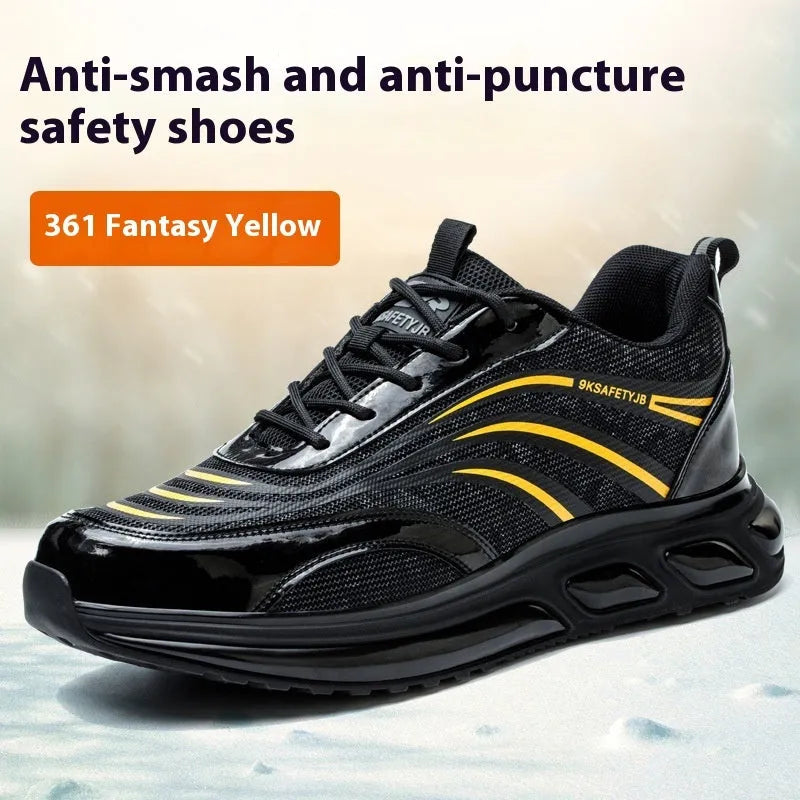 Lightweight orange labour protection shoes with leather upper and rubber sole for industrial safety