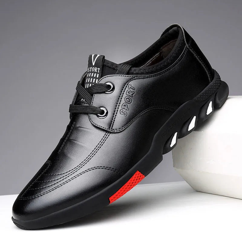 Men's black and brown leather-style business shoes with plain toe and flat heel.