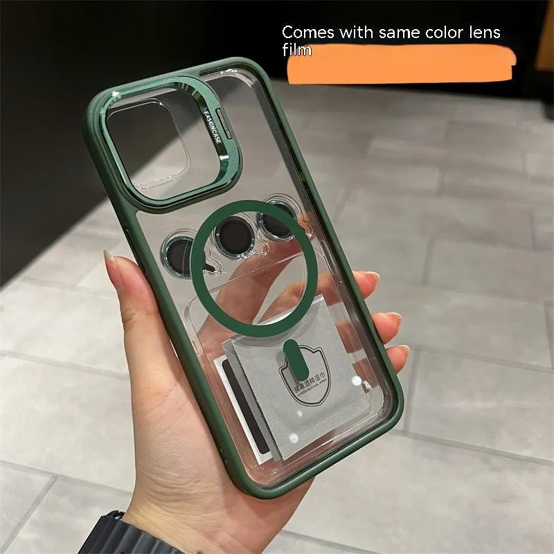 15 Lens Invisible Bracket Phone Case Magnetic Suction PC Drop Protection in Gold for iPhone 15 ProMax