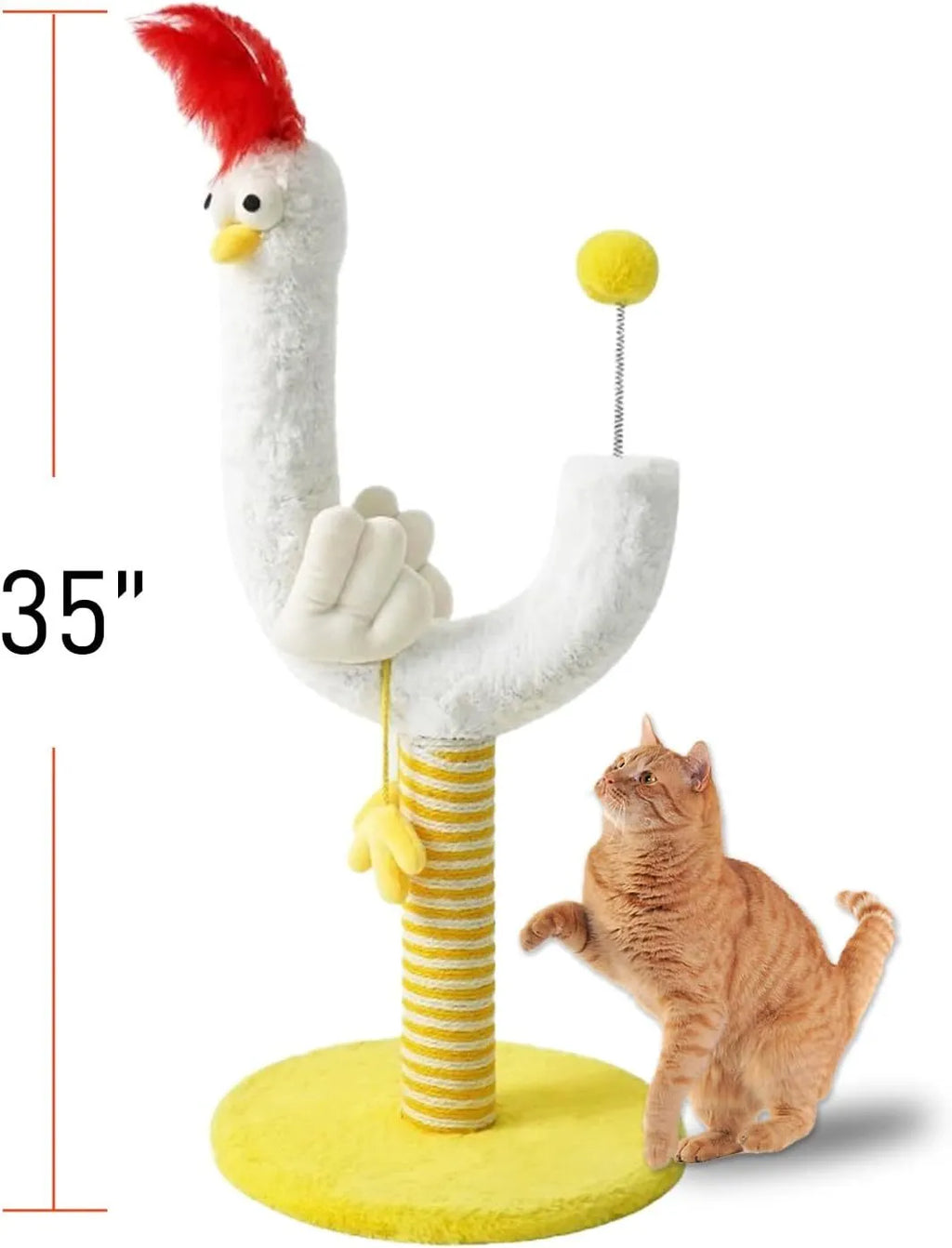 Yellow vertical cat scratching post with sisal rope and spring ball top, measuring 88cm tall.
