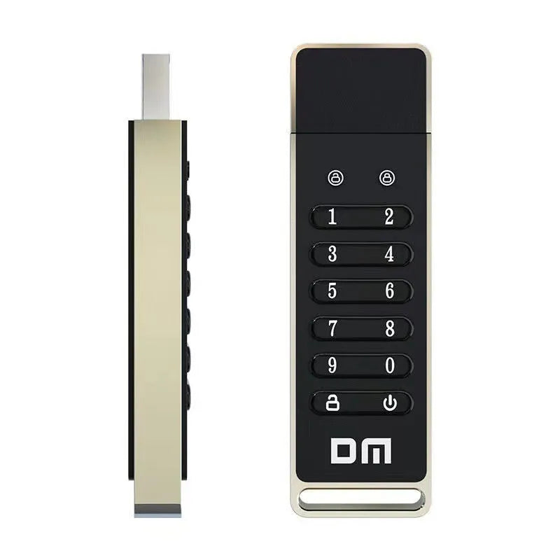 64GB fingerprint encrypted USB flash drive with metal housing showing USB 3.0 connector and digital button