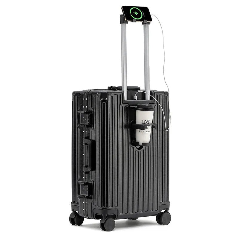 Aluminium frame trolley suitcase in avocado green with wheels and a USB port.