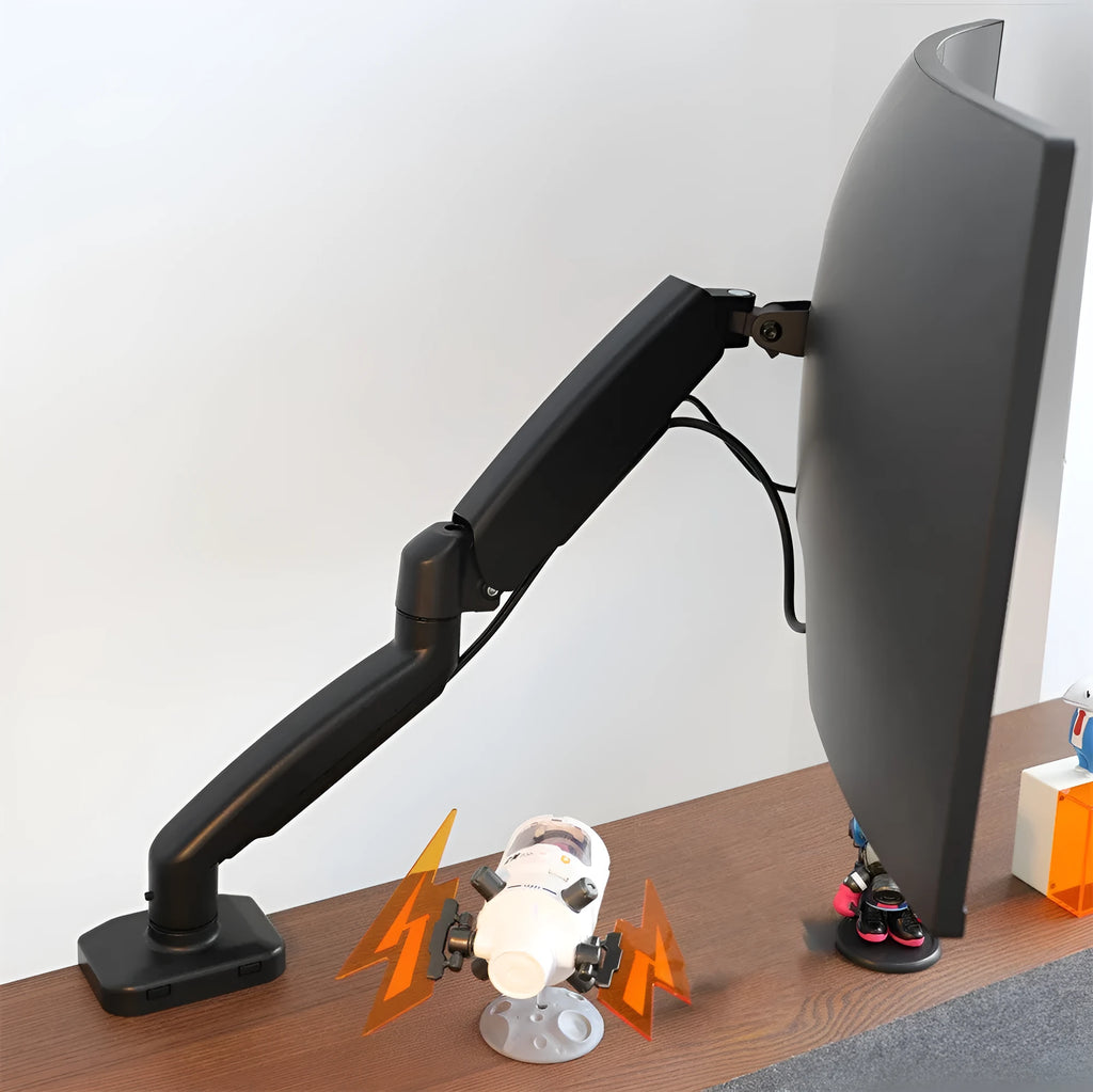 Black rotating telescopic LCD monitor bracket on a desk, showing adjustable height and swivel functions.