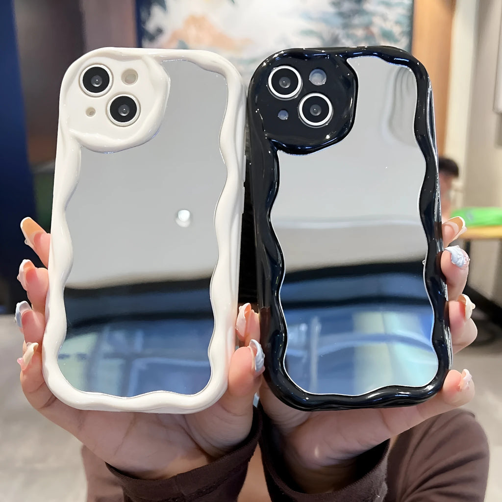 Cream pattern mirror phone case for iPhone with reflective back and drop-resistant TPU build