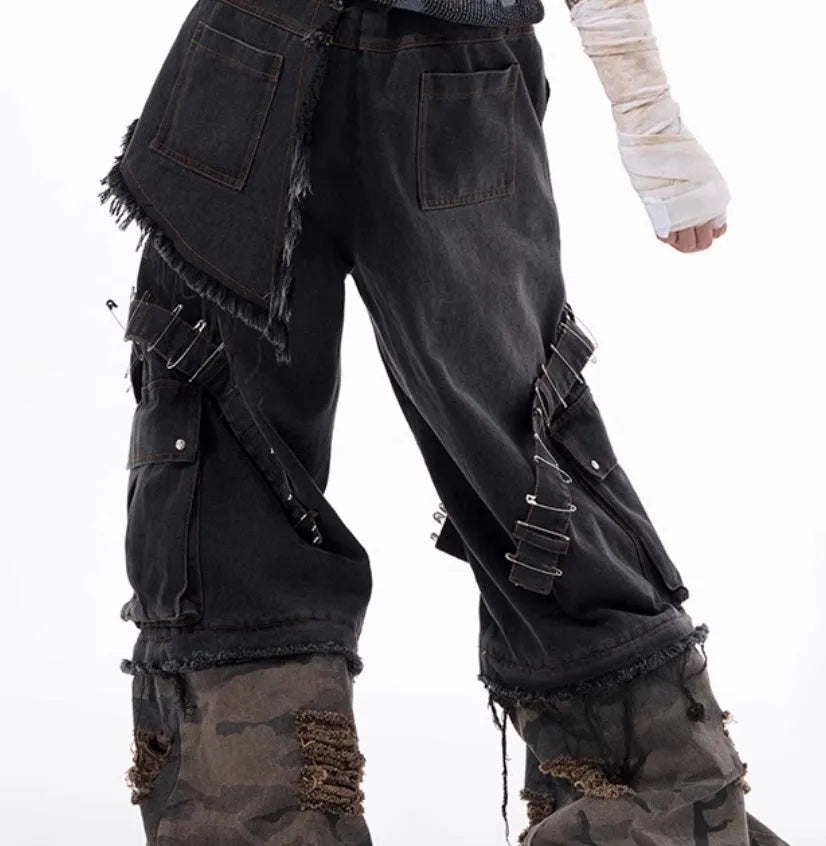 Men's grey camouflage jeans with splicing construction and pin ribbon details