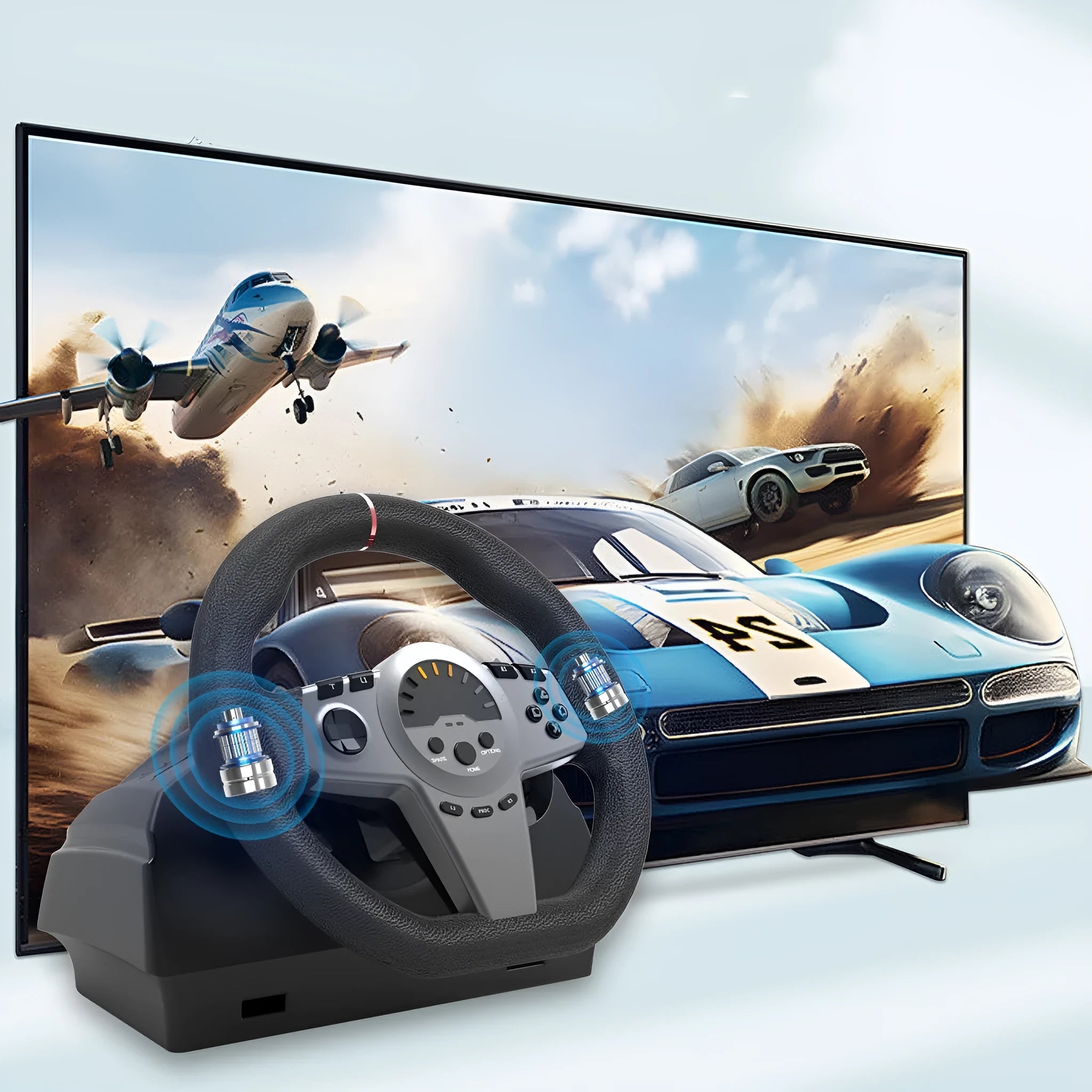 Black USB steering wheel with paddle shifters and LED display, plus two pedals, for multi-platform gaming.