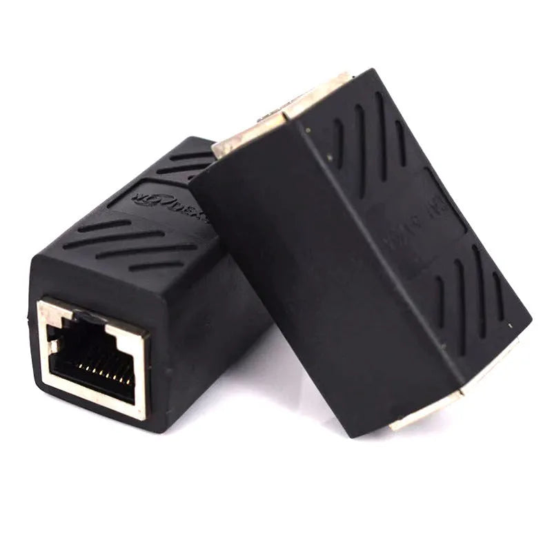 Black RJ45 network cable butt joint extender adapter with rotary union component